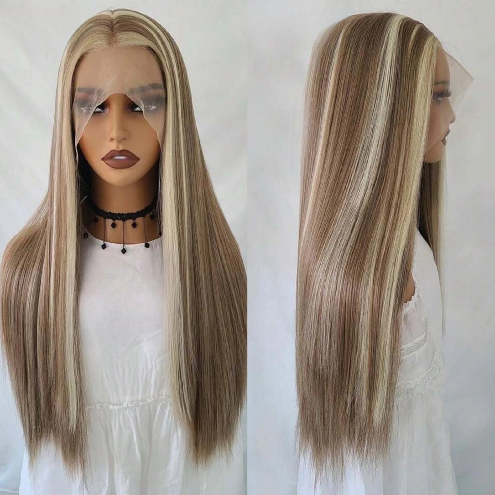 Highlight Ombre Lace Front Wig Synthetic Hair Long Straight Brown with 613 Blonde Balayage Colored 13X4 Frontal Wigs for Women