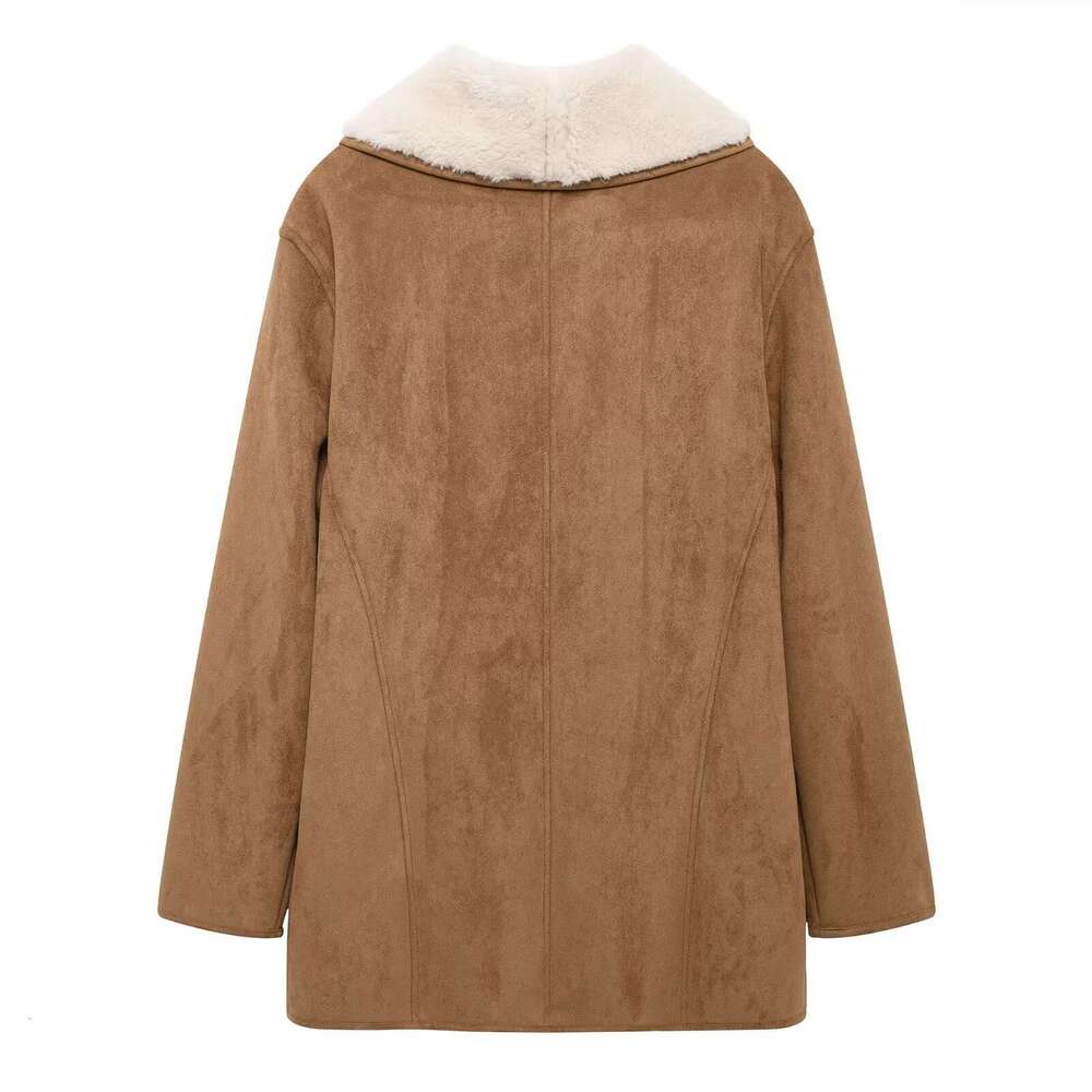 TRAFZA Women Fall Winter Suede Exterior Lapel Buttons Vintage Fleece Ed New 2024 Fashion Casual Warm Coat