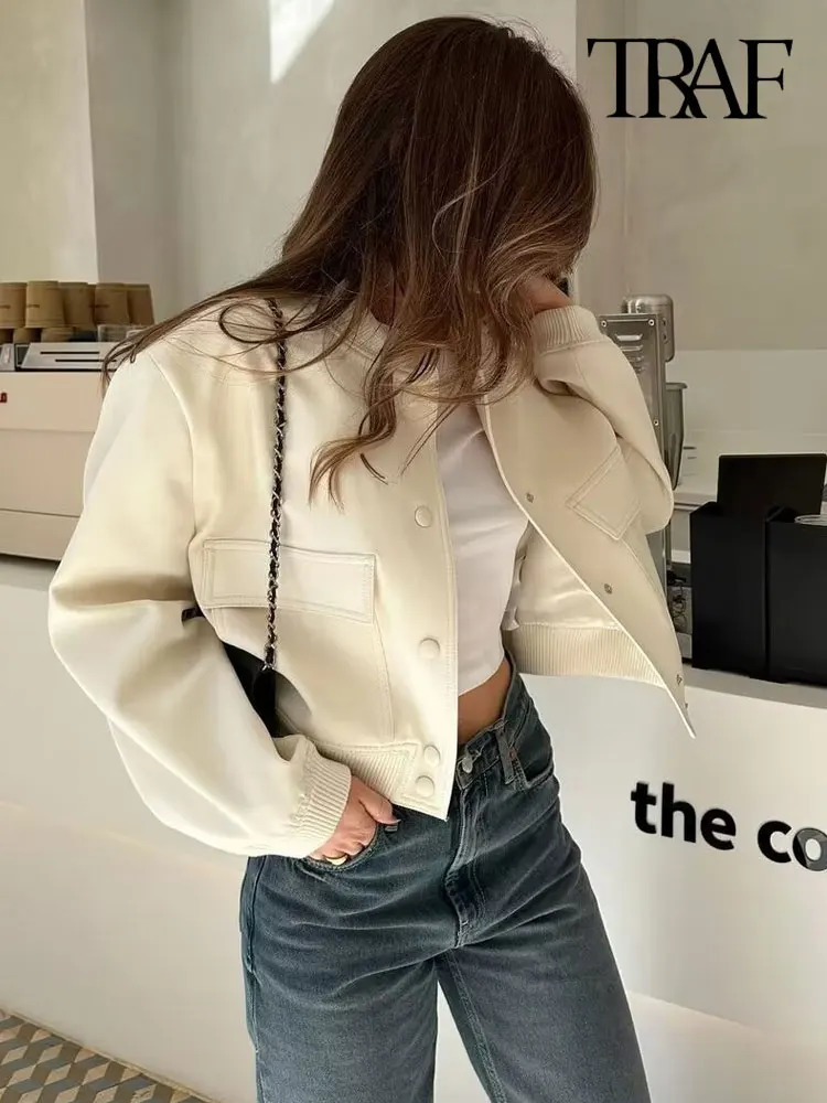 TRAF Women Fashion With Pockets Bomber Jacket Coats Vintage Long Sleeve Front Button Casual Female Outerwear Chic Tops 241024