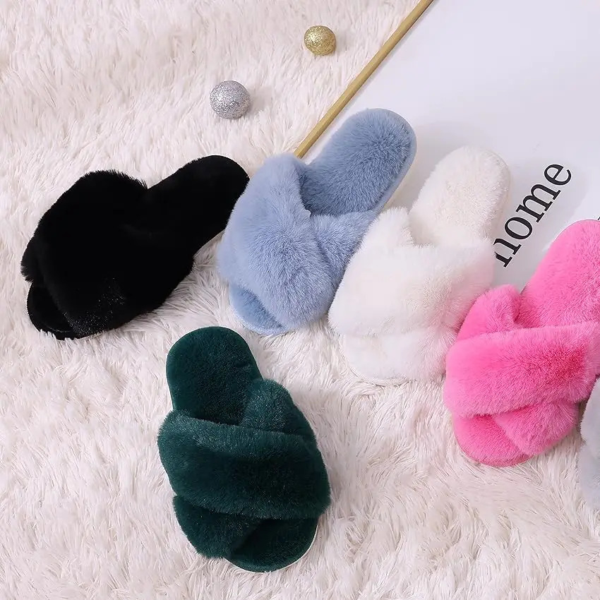 Comwarm Winter Fluffy Fur Slippers Women Fashion Plush Fuzzy Slippers Indoor Open Toe Flats Cotton Shoes Comfort House Slippers 241025