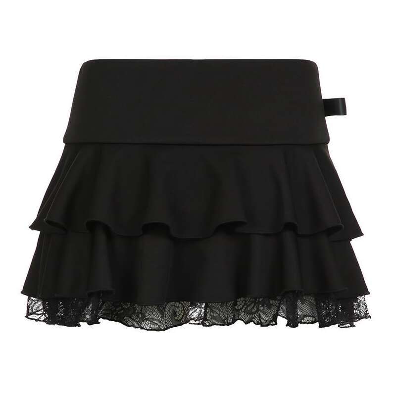 Bow element lace patchwork slimming half skirt for spicy women, high waisted multi-layer pleated skirt for women