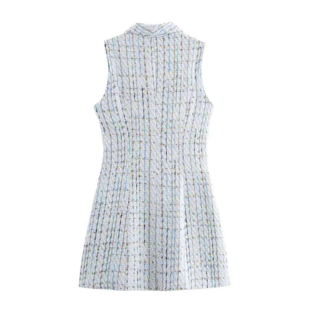 TRAFZA Women Fashion Tweed Vest Lapel Sleeveless Mini Skirt With Ed New 2024 Spring Fall Elegant Fresh Color Dress