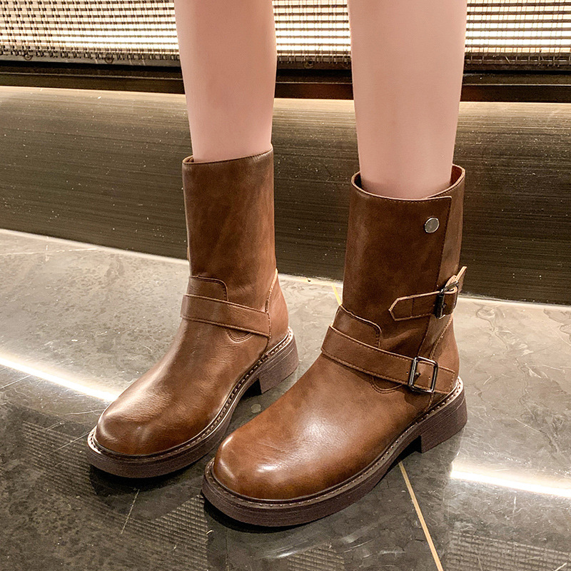 Women Fashion Boots:British Style High Heel Winter New Trendy Versatile Round Toe Simple Design,Black/Brown,Free shipping