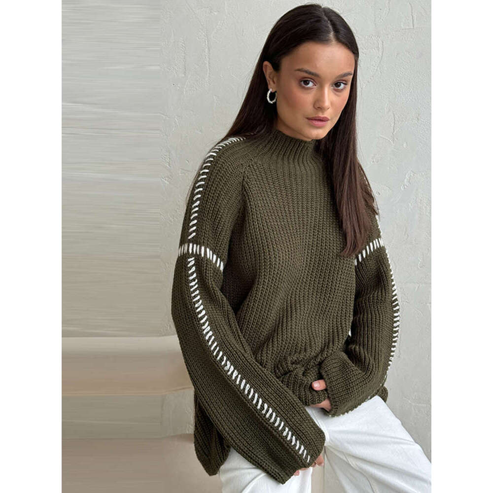 Knitted Contrast Women Sweater Elegant O-Neck Long Sleeve Lady Pullover 2024 Autumn Winter Patchwork Commuter Female Outwear
