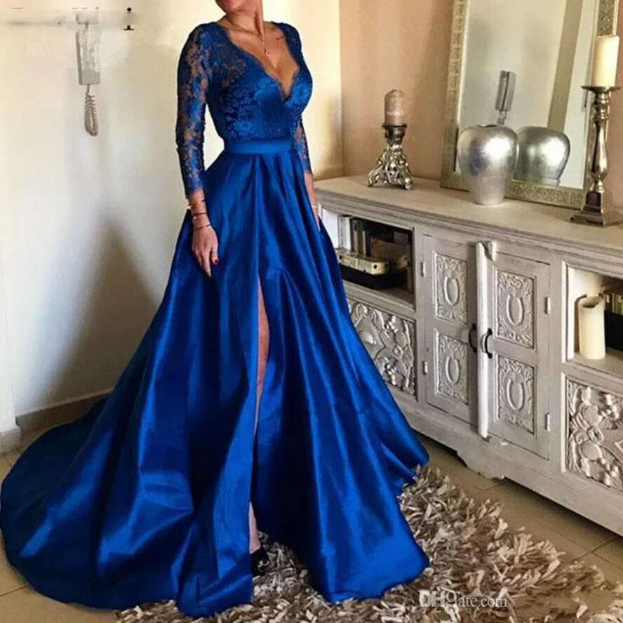 Royal Elegant Blue Lace Sleeve Split Formal Ocn Dresses Long Prom Party Gowns Women Evening Wear