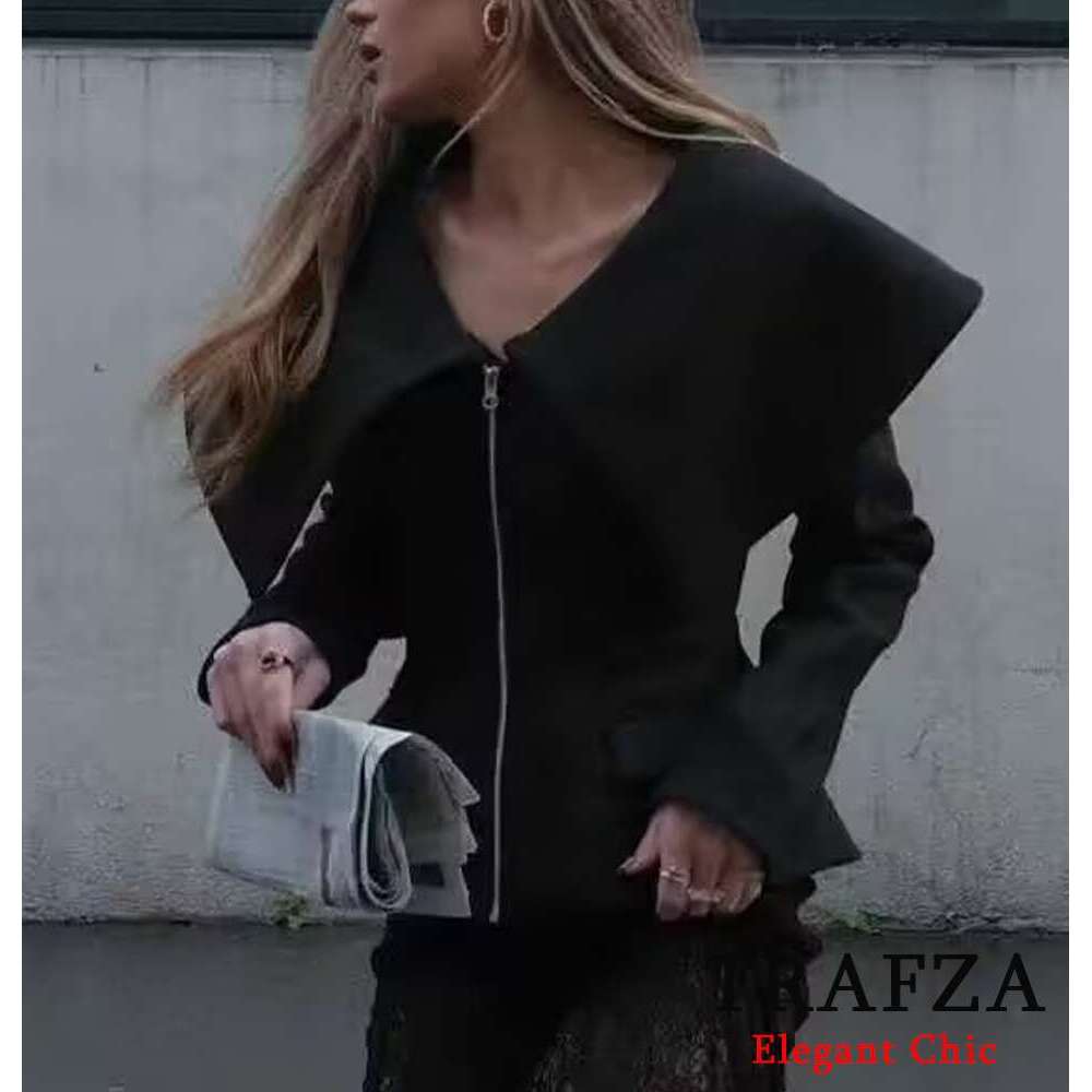 Trafza-Women Fashion Large Lapel Zipper Pocket New 2024 Autumn Winter High Street Elegant Y2k Female Jacket