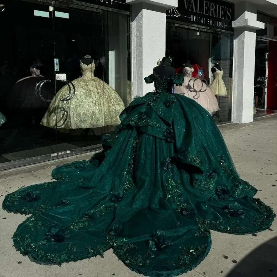 Emerald Green Shiny Ball Gown Quinceanera Dresses Appliques Wer Beads Off The Shoulder Sweet 16 Dress Vestido De 15 Anos Lace-Up 0629