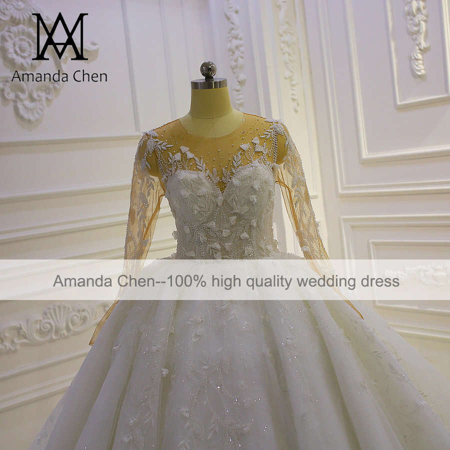 vestido de noiva civil Long Sleeve Lace Appliqued 3D wers Wedding Dress