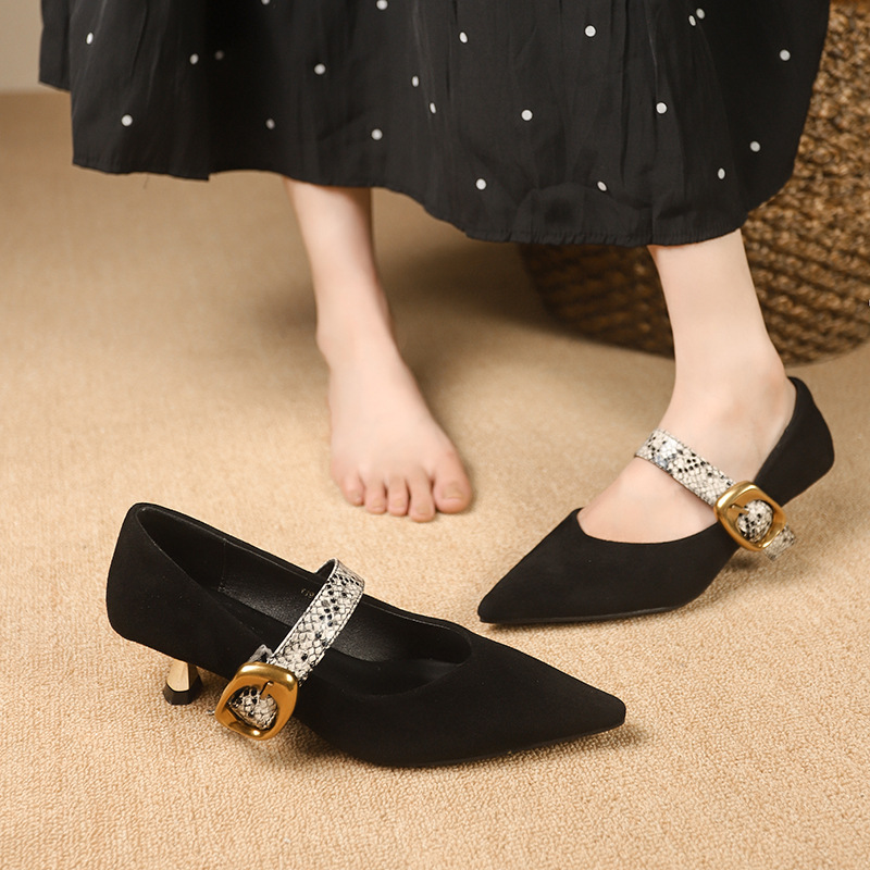 Women Fashion High Heel:France Gentle Style Slim Versatile Fashionable Pointed Toe Straight Strap,Black,Free shipping