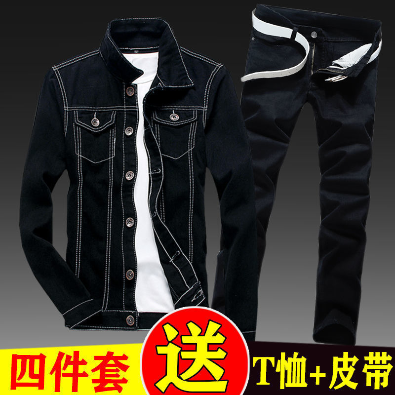 Mens Slim Fit Denim Jacket Pants 2pcs Set Long Sleeve Coats Letters Printed Casual Large Size Black White Red Boys Trousers 240624