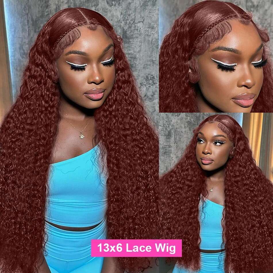 Inch Reddish Brown Deep Wave x Lace Front Human Remy Hair Density Kinky Curly HD Frontal Wig Brazilian