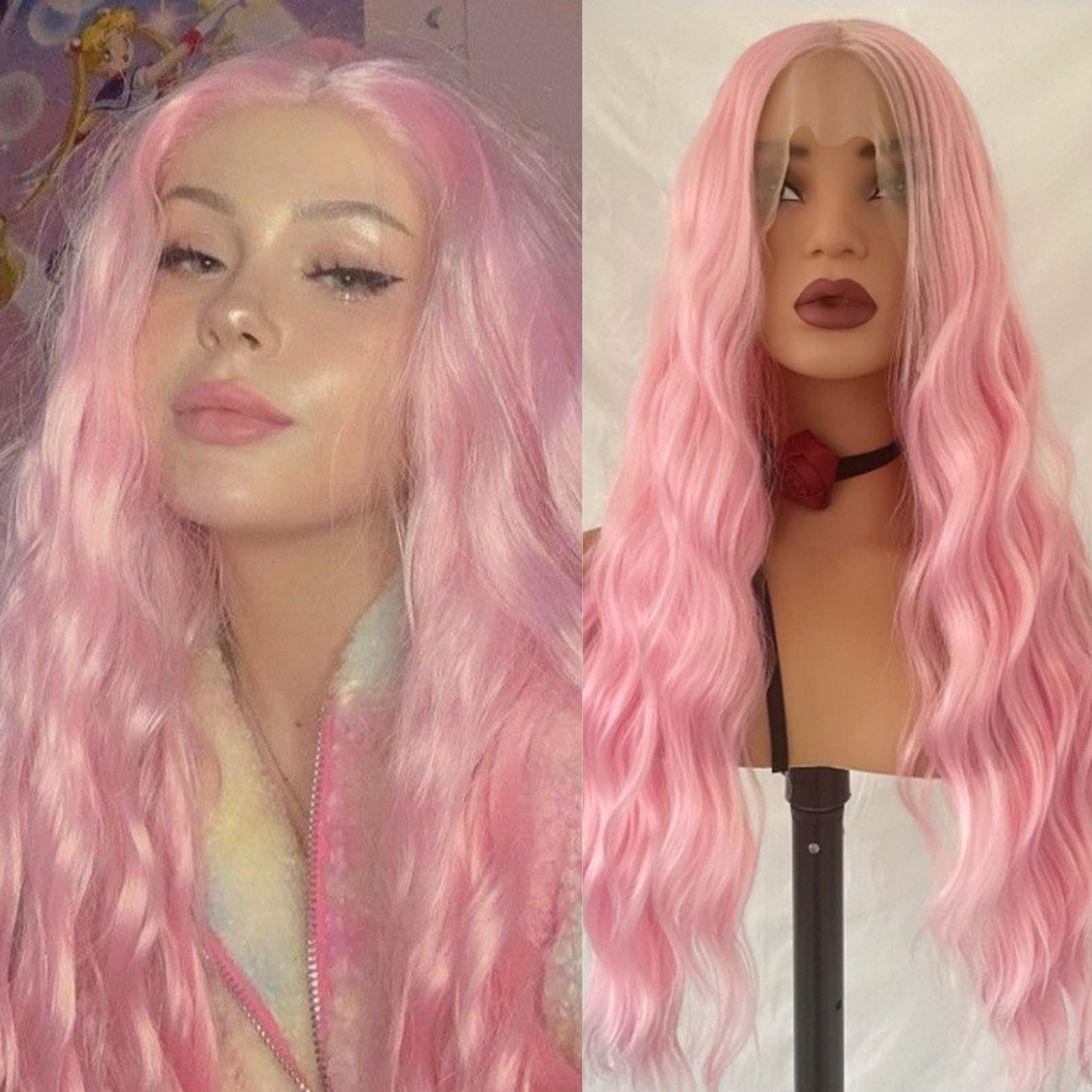 Pastel Pink Long Curly Synthetic Hair Wig Natural Wavy Colored Frontal 13X4 Lace Front Wigs for Women Cosplay