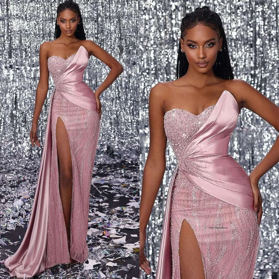 Gorgeous Pink Evening Elegant Sequins Beads Sweetheart Party Prom Dress Pleats Thigh Split Formal Dresses For Women 0515