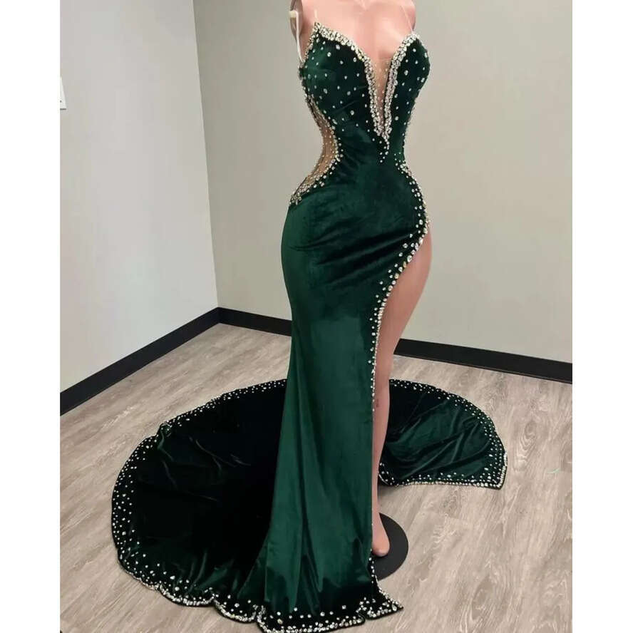 Emerald Green Long Evening Prom Dresses Crystal Rhie Vestidos De Festa High Split Formal Party Mermaid Veet Pageant Gown Strapless 0510