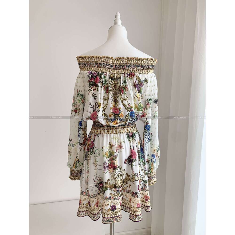 Women Slash Collar Long Sleeve Crystal Beaded Retro Wer Print Elastic Waist Mini Silk Dress