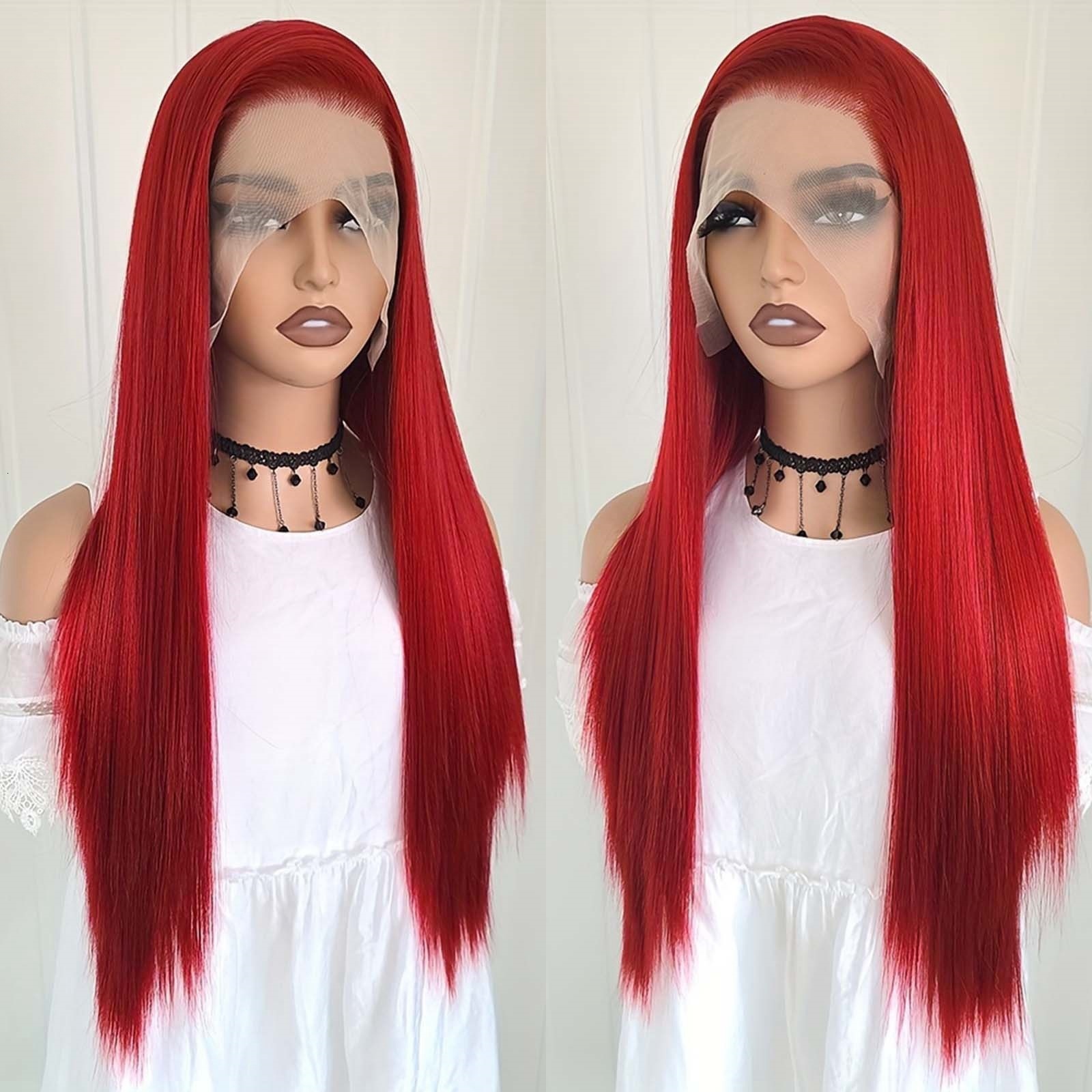 Dark Red Silky Straight Synthetic Front Wig Natural Long Bury Colored Hair 13X4 Lace Frontal Wigs for Women Party