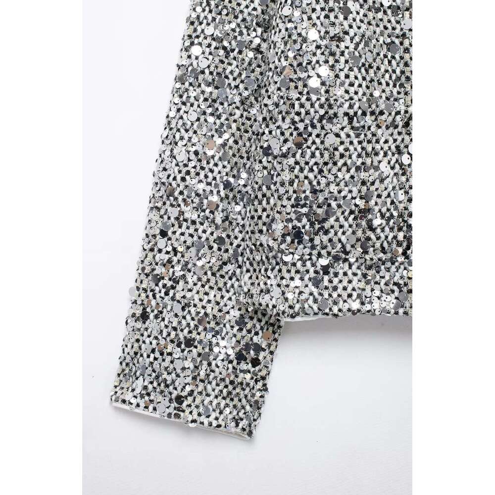 TRAFZA Women Fashion Tweed Sier White Sequins Cardigan New Spring Fall High Street Y2k Sequined Jacket