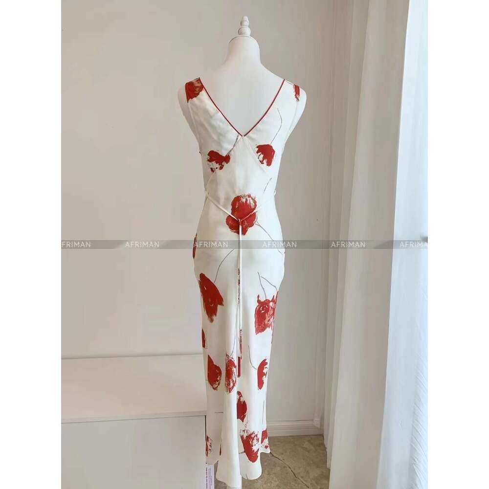 Women V Neck Sleeveless Wer Print Double Layer Silk Midi Dress