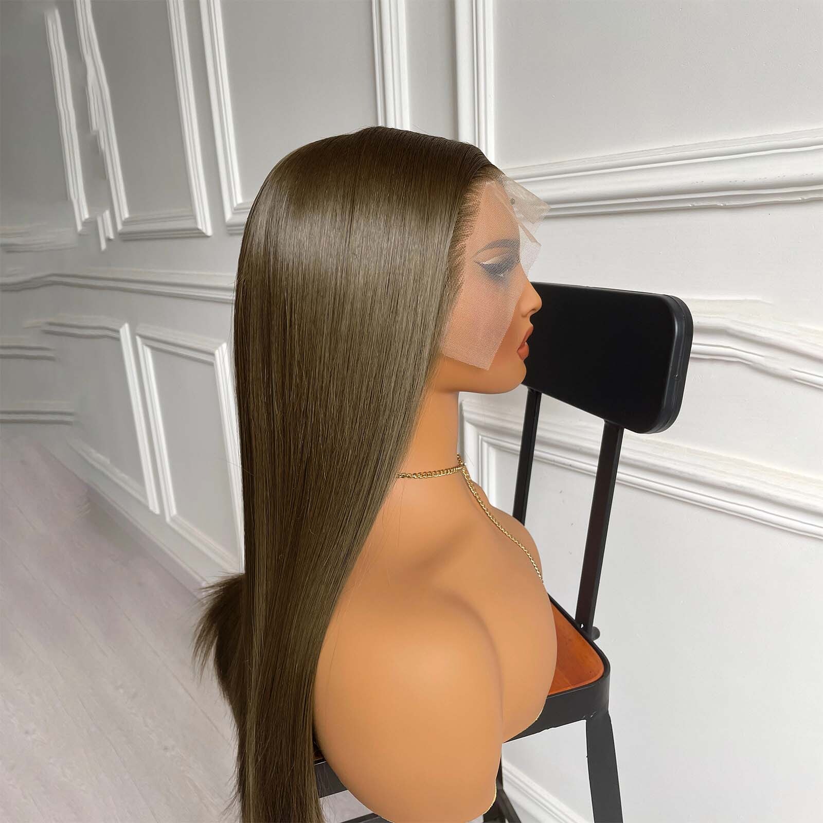 13X4 Long Straight Synthetic Hair Front Wig Natural Light Brown Brunette Colored Lace Frontal Wigs for Women
