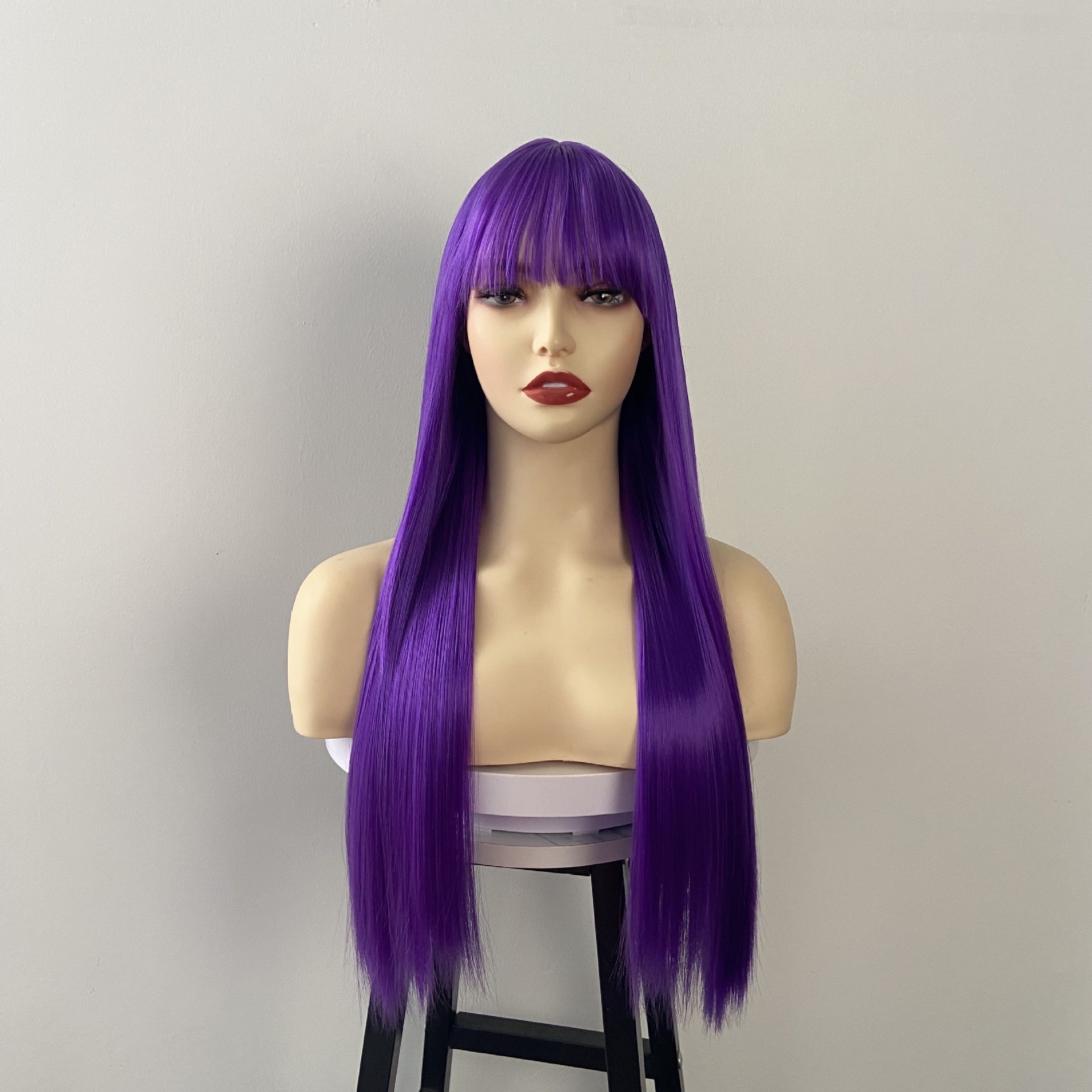 Hot selling wig for women purple long straight hair with bangs simulation scalp long hair full headpiece