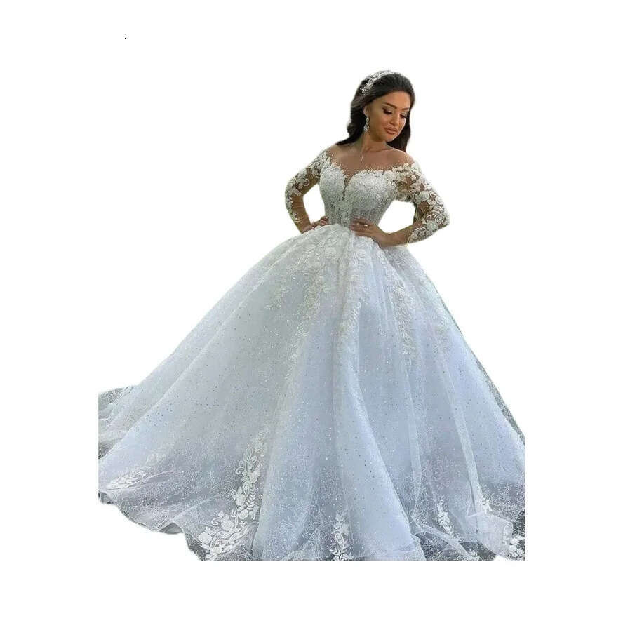 2024 A E Wedding Dresses Jewel Neck Long Sleeves Lace Appliques Crystal Beads Illusion 3D Ral Wers Sequins Sweep Train Sexy Bridal Gowns 0513