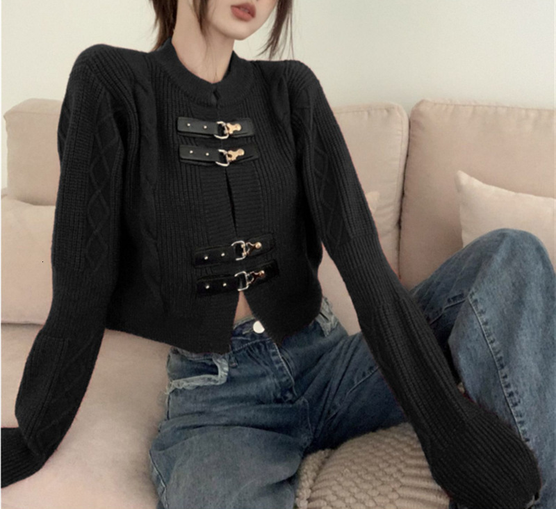 Korean Style Design Leather Buckle Sweater Jacket Women Autumn Winter New Style Personalized And Trendy Round Neck Knitted Cardigan For Women F1028#38