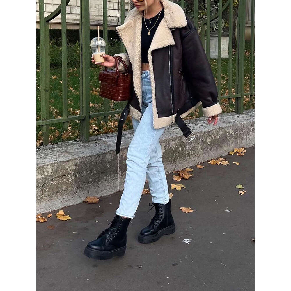 Women PU Leather Coat Faux Lamb Lapel Collar Fleece Ing Long Sleeve Zipper Jacket Outwear With Pockets