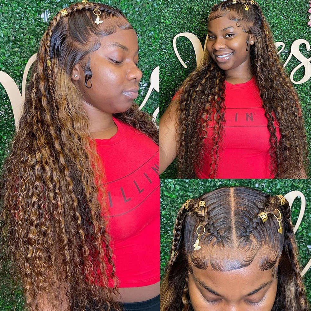 x Highlight Wig Human Hair Lace Frontal Deep Curly Water Wave Colored Honey Brown Front Wigs On Sale