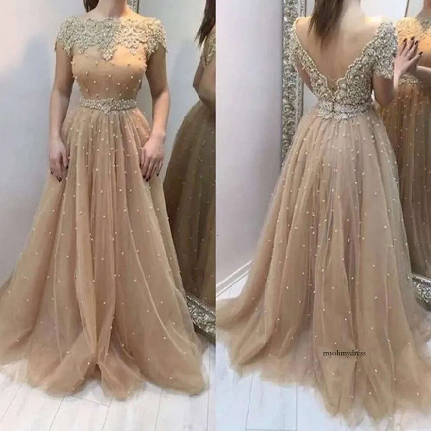 Pearls Beaded Or Length Prom Dresses A-E Backless Long Tulle Formal Evening Gowns With Belt Appliques Lace Elegant Party Special Ocn Wear 0509