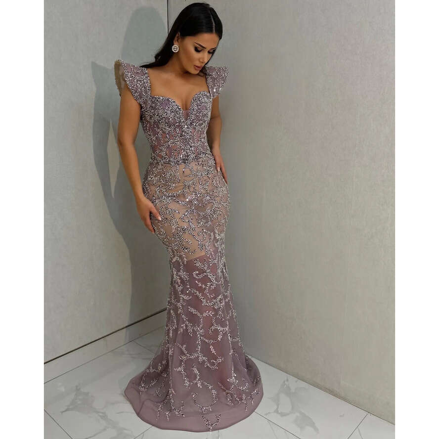 Mermaid Gorgeous Evening Elegant Capped Prom Dress Pleats Beaded Crystal Custom Made Formal Dresses For Women