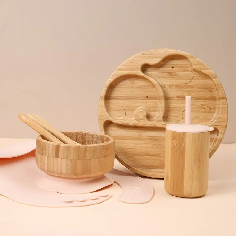 Baby Tableware Set Feeding Bowl Dinner Plate Cup Bibs Spoon Fork Bamboo Wooden Childrens Feeding Dishes Sets BPA Free Non-Slip 241028