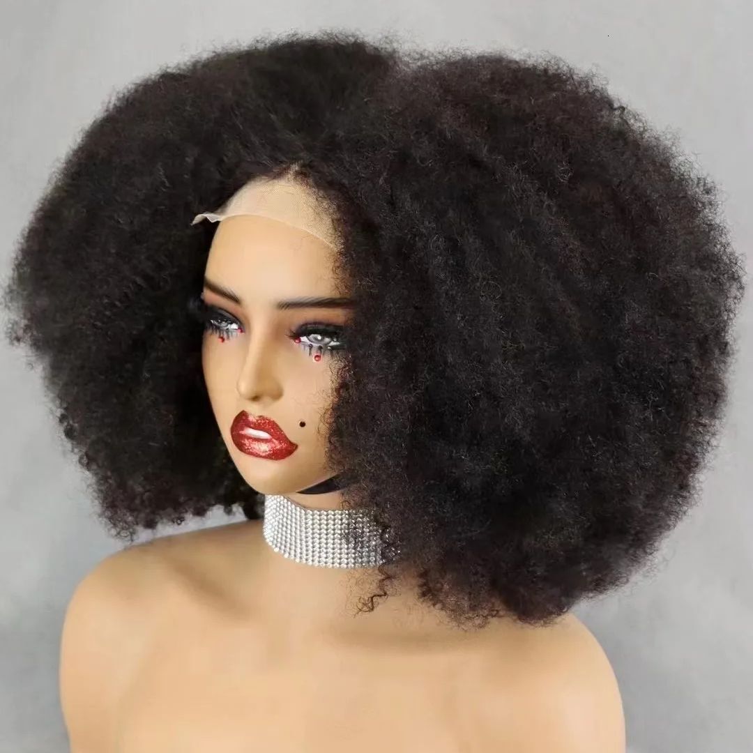 Natural Black 4x4 Lace Closure 300% Density Afro Kinky Human Hair Wigs for African Balck Women 12 14 16 Inches Short Bob Wig