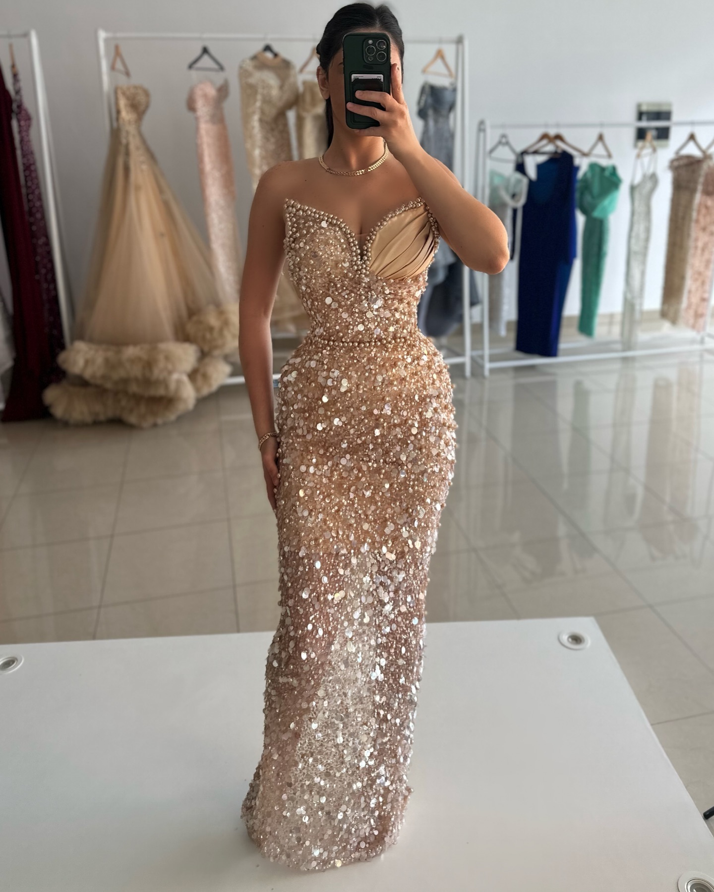 Elegant pearls champagne Evening Dresses sweetheart sheath evening gown sequins peplum formal prom dresses for women