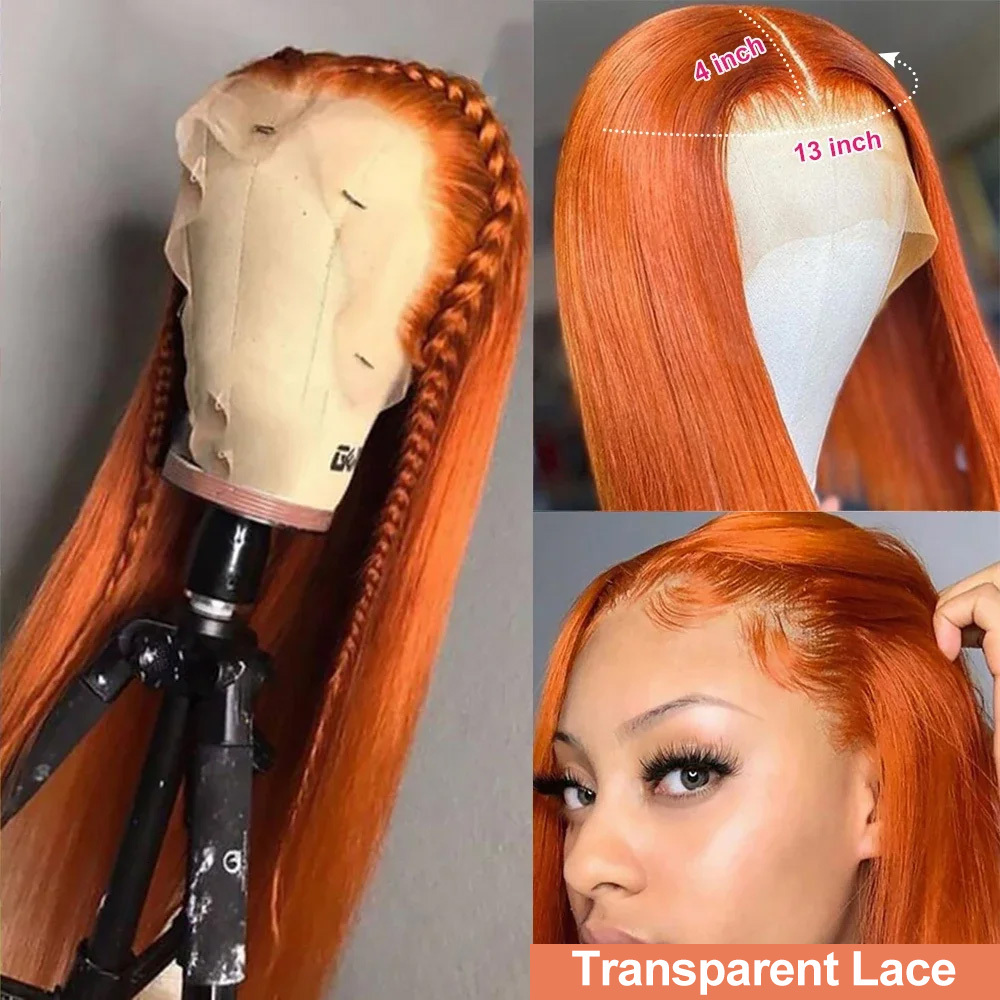 250 Density Straight Ginger Orange Human Hair Wig Lace Front 13x6 13x4 HD Frontal Colored Wigs Preplucked For Women 30 36 Inch