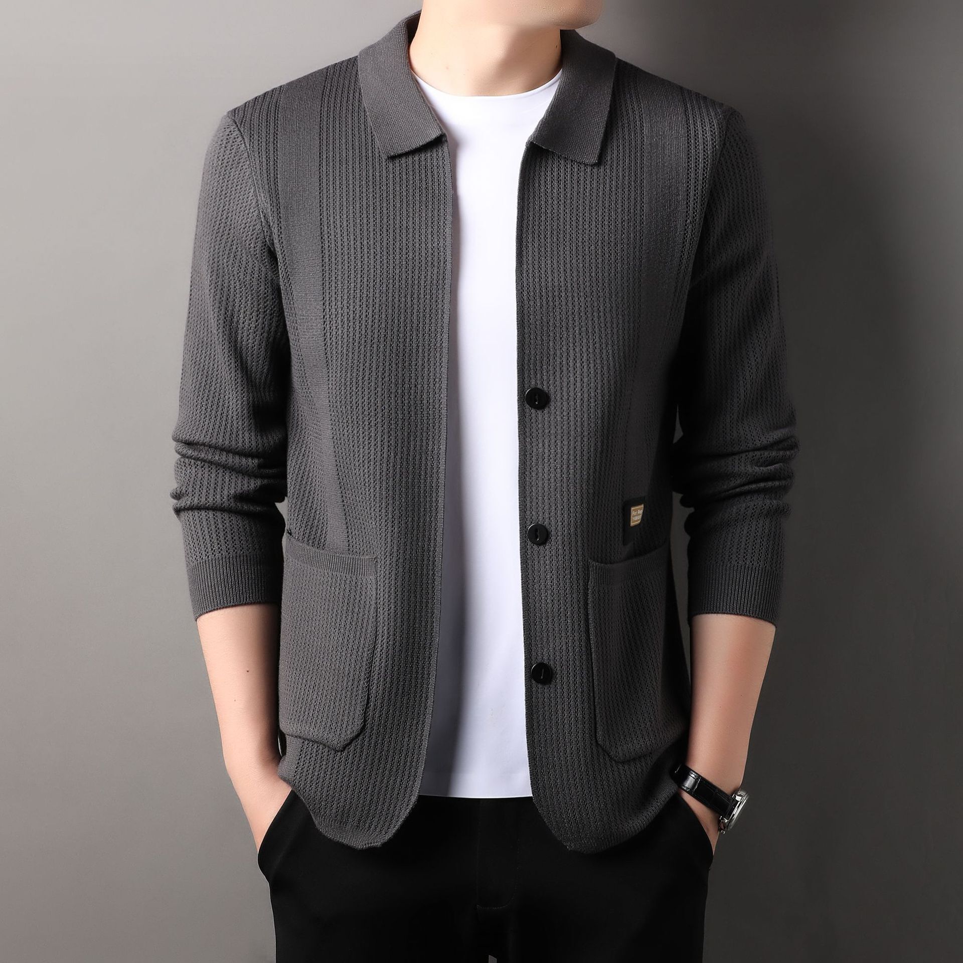 2024 new designer cardigan men's mid neck casual thin long sleeved Korean version slim knit jacket