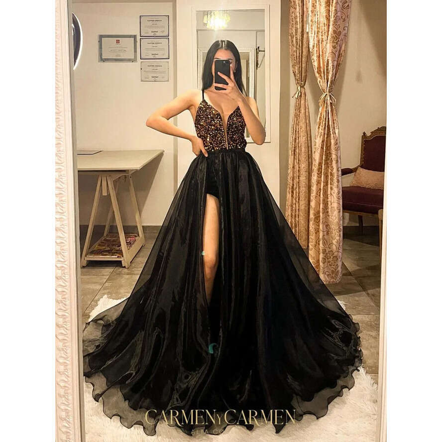 Black Sexy Prom Dress A E Split Illusion V Neck Evening Elegant Glitter Gold Sequins Top Party Dresses For Special Ocns Promdress