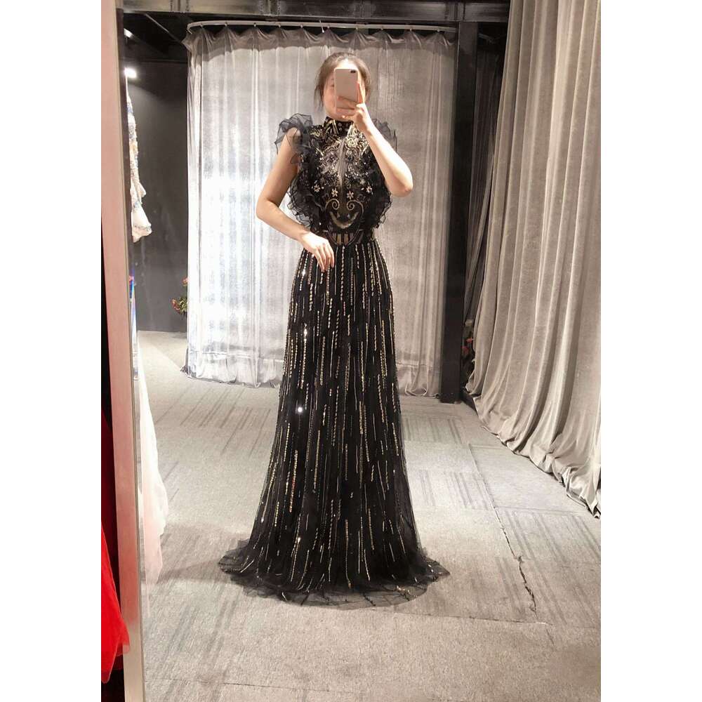 Real Picture Zuhair Murad Black Golden Bead Elegant Custom Made urious Evening Party Dress New or Length Handmade 2024