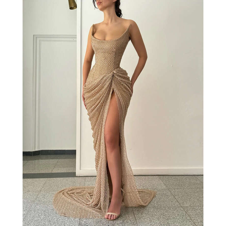 Khaki Mermaid Prom Dress Ogstuff Strapless Formal Evening Dresses Elegant Pleats Net Party Gowns For Special Ocns Split Robe De Soiree 0515