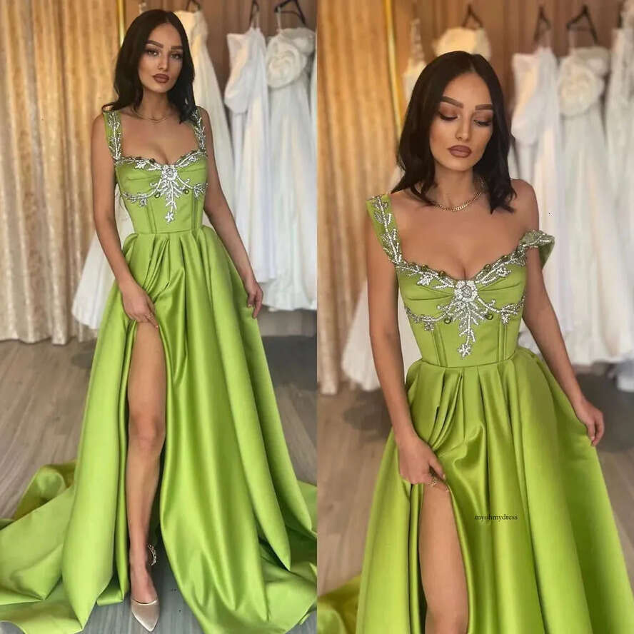 Grass Green A E Prom Dresses Beads Straps Collar Split Evening Pleats Formal Long Special Ocn Party Dress 0515