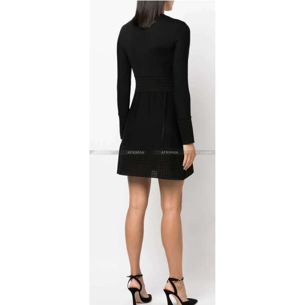 Women Hollow Out Waist V Neck Long Sleeve Ball Gown Knitted Mini Dress