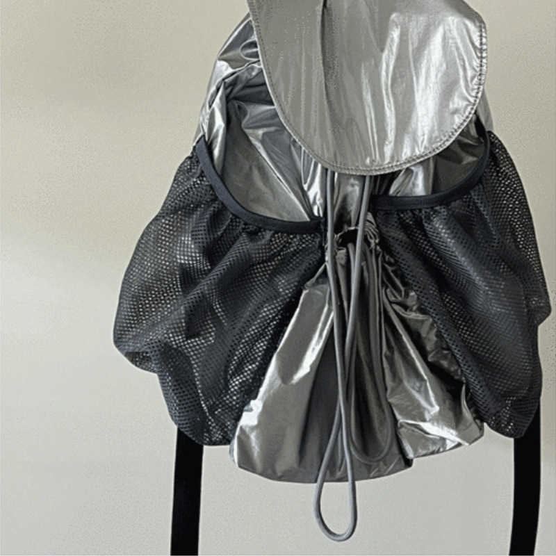 Small drawstring backpack women, large capacity, fashionable silver black backpack lightweight, casual, class, travel backpack 241015