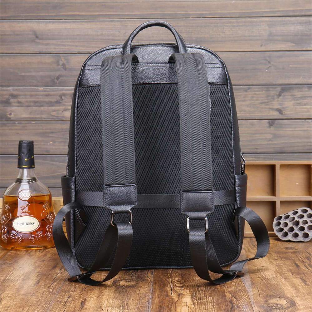 Fashion Korean Style Black Genuine Leather Men's Outdoor Business Travel Backpack Schoolbag For Laptop 16 Inch