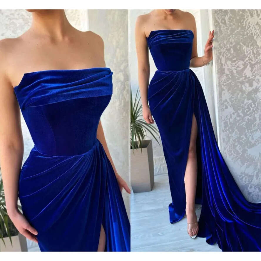 Sexy Royal Blue Mermaid Prom Dresses Long For Women Strapless Draped Or Length High Side Split Birthday Pageant Celebrity Evening Party Gowns Formal O