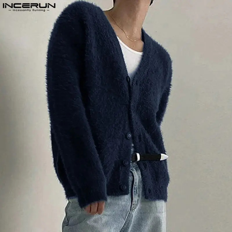 INCERUN Men Sweaters Solid Color Plush V Neck Long Sleeve Fashion Casual Cardigan Streetwear 2024 Leisure Knitted Outerwear 241024