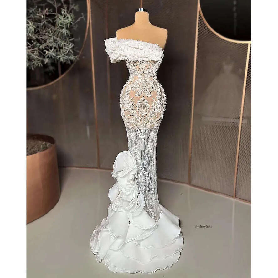 Mermaid Sexy Prom Sleeveless Bateau One Shoulder D Lace Hollow Appliques Pearls Beaded Or Length Celebrity Formal Evening Dresses Plus Size Custom Mad