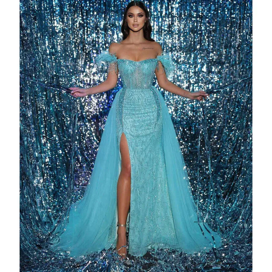 Sparkly Mermaid Prom Dresses Sleeveless V Neck Off Shoulder Appliques Sequins Beaded Or Length 3D Lace Side Slit Evening Dress Bridal Gowns Plus Size 