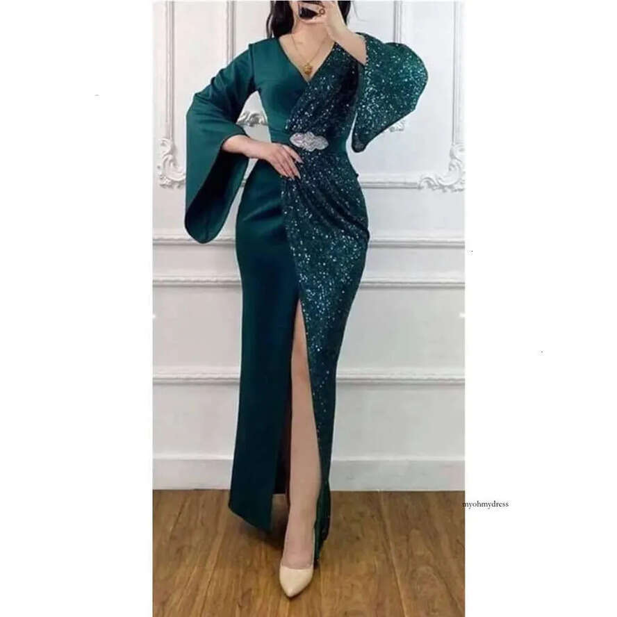 Green Dark Prom Dresses Princess High Side Split Long Sleeve Beads Sequins Satin Puff Purple Tulle Lace Appliques Party Gowns Plus Size Custom Made