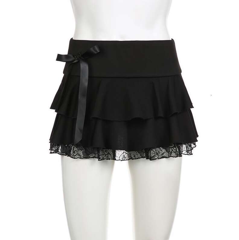 Bow element lace patchwork slimming half skirt for spicy women, high waisted multi-layer pleated skirt for women