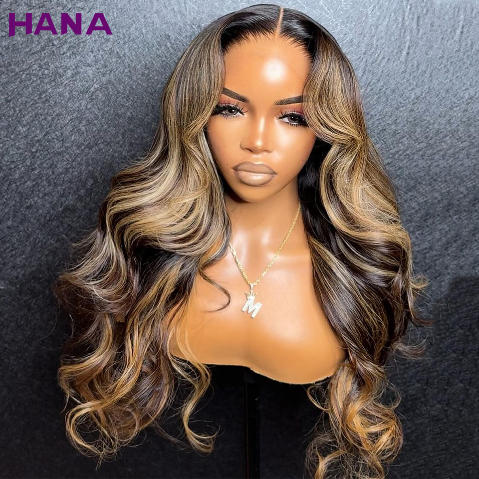 13x4 Front Wig Body Wave Highlights Blonde Brown With Black Pre-Plucked Transparent Lace Closure Human Hair Wigs For Women