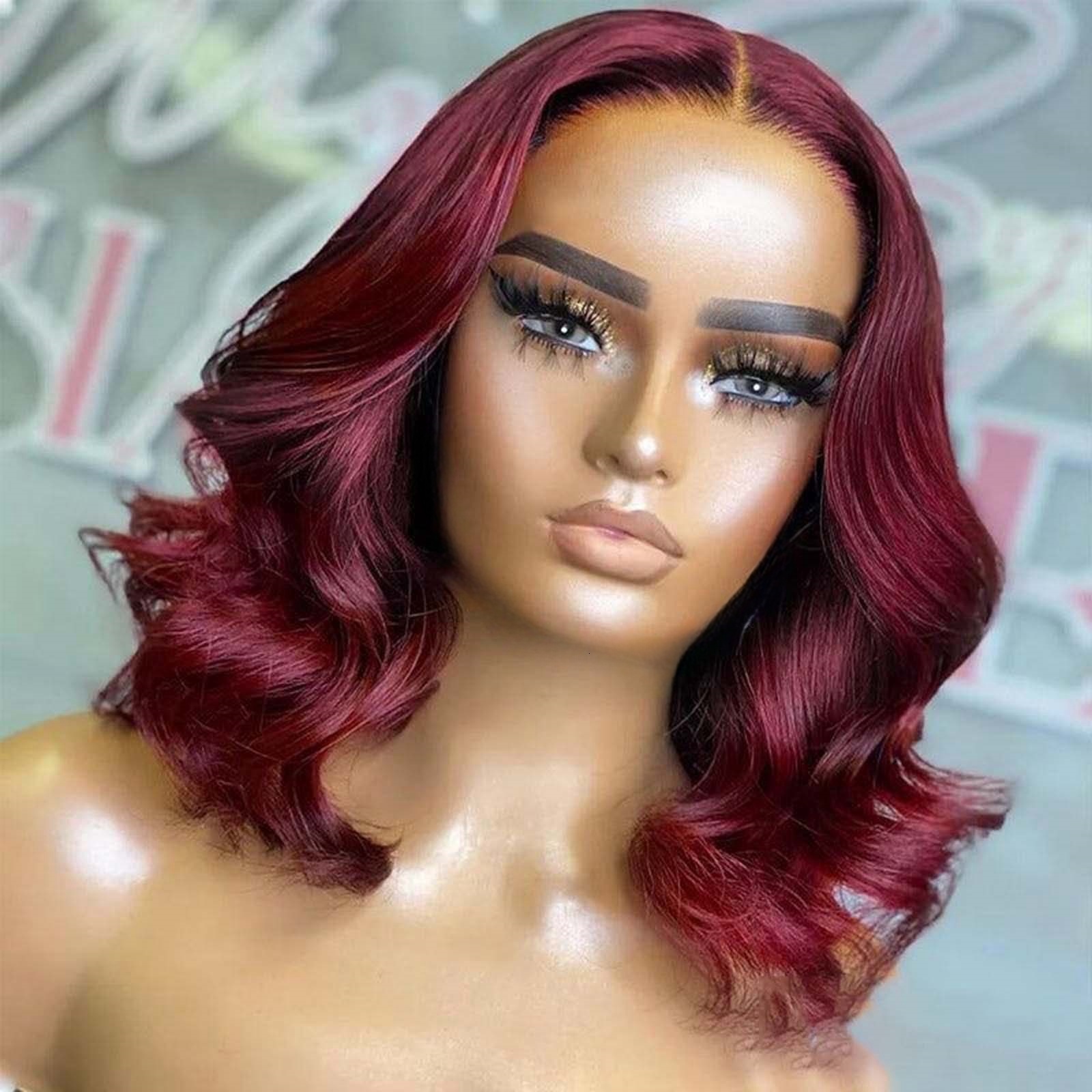 Short Bury Wigs for Women Synthetic Hair Shoulder Length Bob Curly Wavy Dark Colored 13X4 Frontal Red Lace Front Wig